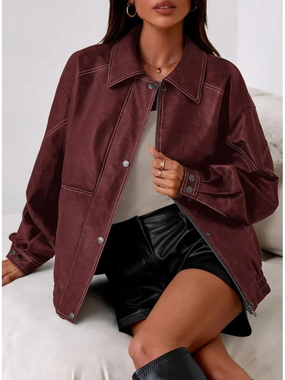 Women's Bomber Motorcycle Zip Up Jackets Oversized Faux Leather Jacket Wine Red